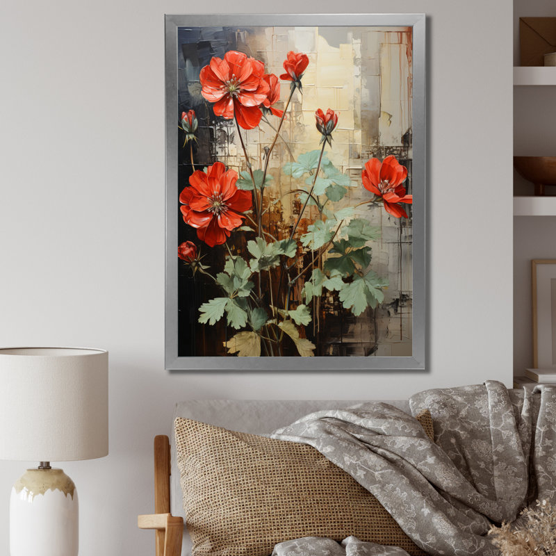 «Red Geraniums Scarlet Bloom Patchwork I» - Décoration murale florale et botanique, H 40 po x l 30 po x P 1,5 po