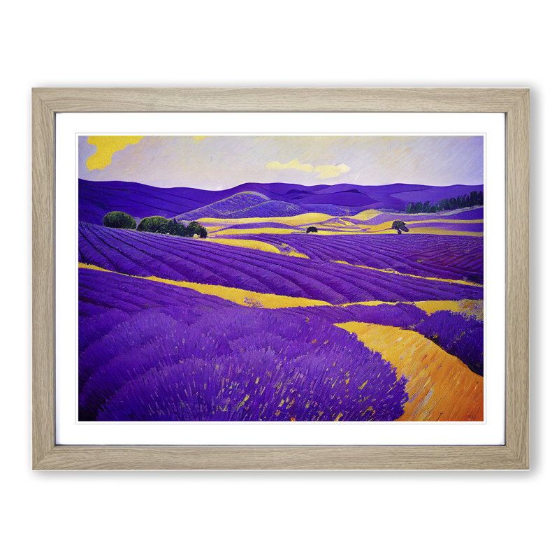 Masterful Lavender Flower Field - Single Picture Frame Painting, 46cm H x 64cm W x 2cm D, Oak