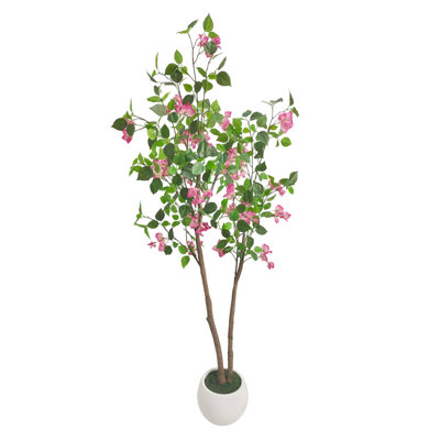 Bougainvillier artificiel 150 cm, plante artificielle à plusieurs tiges avec pot blanc, PE amovible, intérieur et extérieur, 8 ramifications