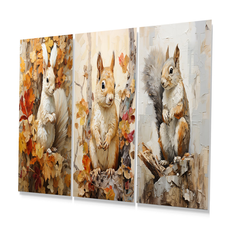 Minimalism Squirrel Beige Painting - Squirrel Metal Prints Set Of 3, 32" H x 48" W