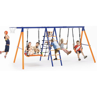 6-In-1 Heavy-Duty Swing Sets, Outdoor Swing With 3 Swing Seats, Climbing Net, Ladder & Basketball Hoop For Backyard