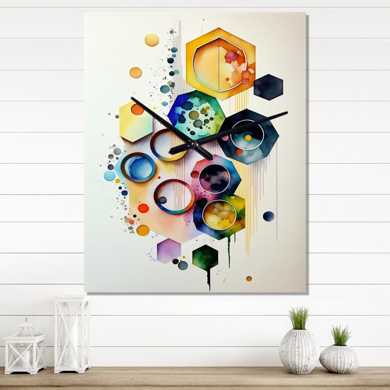 Hexagone et circulaire II abstrait - Très grandes horloges murales modernes, H 28 po x l 12 po x P 1 po