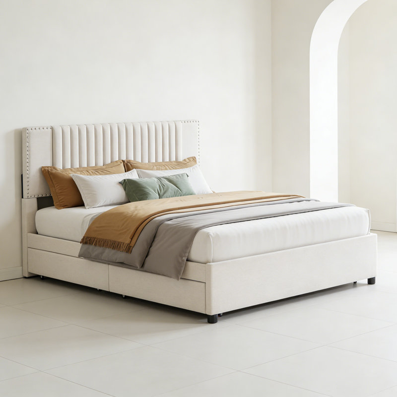 Grand lit plateforme tapissier avec 2 tiroirs et 1 lit gigogne simple TG, tête de lit classique, beige, Grand lit, Beige