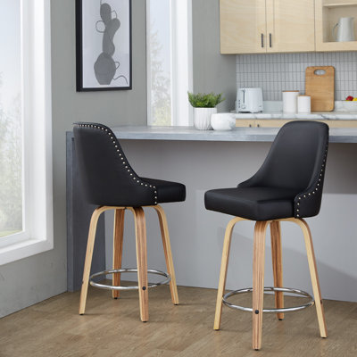 Tabouret de comptoir à hauteur fixe cloutée 26 po avec pieds en bois courbé et repose-pieds rond - ensemble de 2