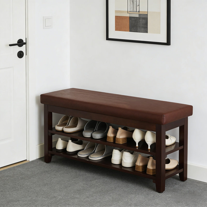 Banc de hall d'entrée multi-usages avec coussin et rangement pour chaussures à 2 niveaux, Brun