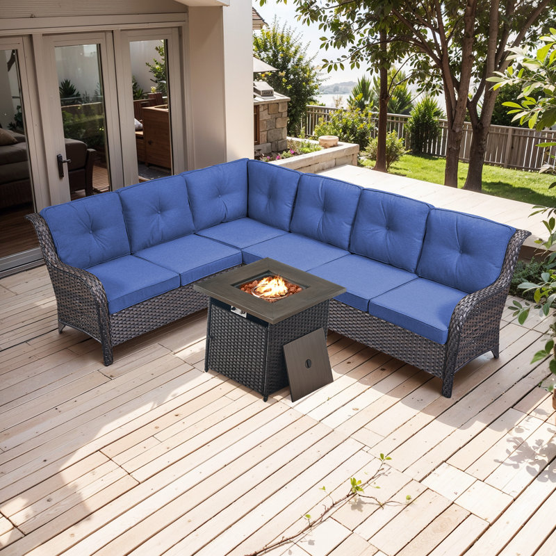 Benigni 139'' Wide Outdoor Wicker L-Shaped Patio Sectional with Fire Pit with Cushions, Blue, Brown