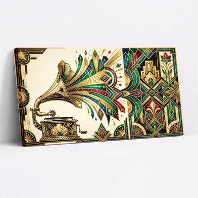 Art déco, Gramophone et motif géométrique sur toile tendue, reproduction d'art sur toile, ensemble de 1