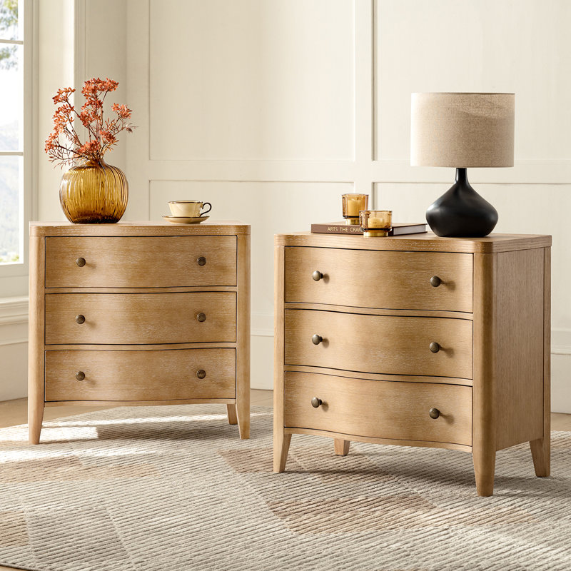 Elfine Modern 27''W 3-Drawers Curves Nightstand with Built-In Charging Station(Set of 2), Natural