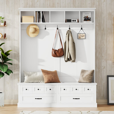 3-In-1 Hall Tree 59" Wide With 5 Hooks And Bench And Drawers, Muti-Functional Entryway Coat Rack, Modern Tall Storage Bench With Handles