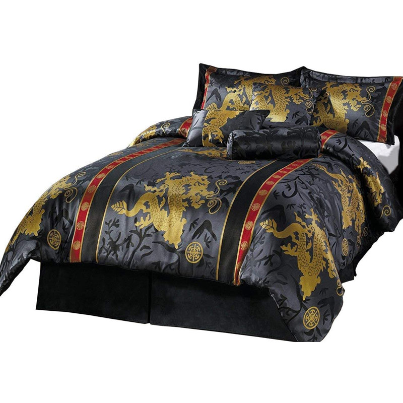 7-Piece Palace Dragon Black Gold Red Jacquard Comforter Set, King Comforter + 2 King Shams