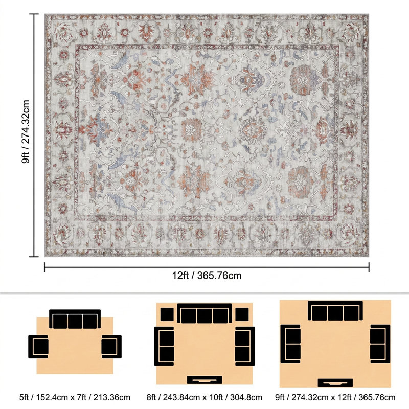 Tapis Boho Vintage Medallion, Rectangle 9 pi x 12 pi, Bleu / rouge / blanc / gris