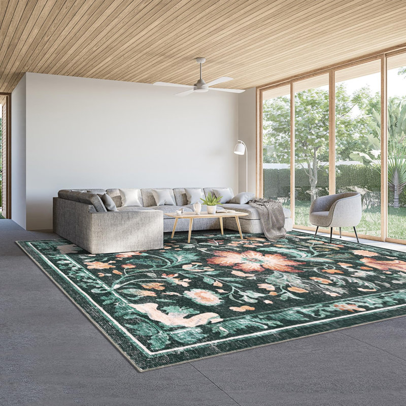 Washable Folding Floral Print Rug Washable Non - Slip Backing for Living Room Bedroom, Rectangle 10' x 13', Black