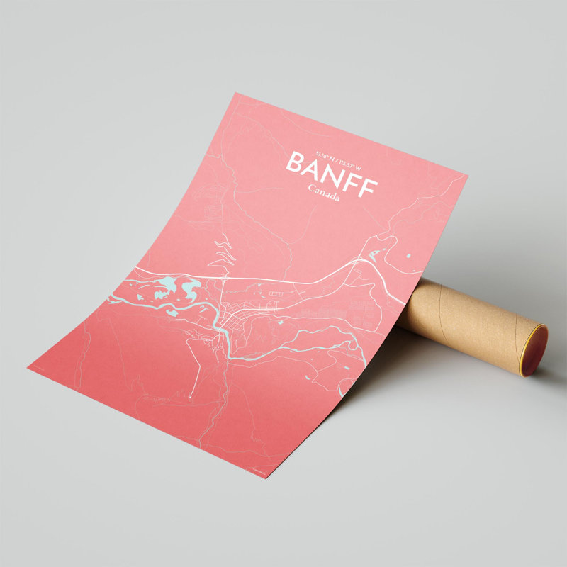 Banff, carte de la ville, impression, H 17 po x l 11 po, Rose / bleu pastel