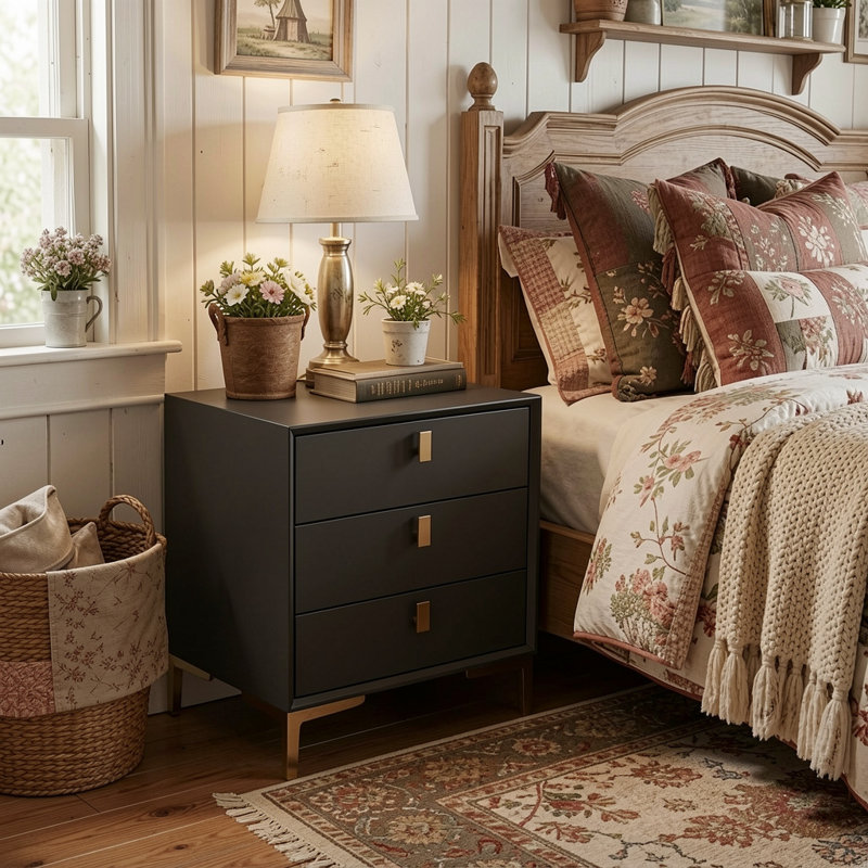 3 - Drawer Nightstand With Metal Legs, Black