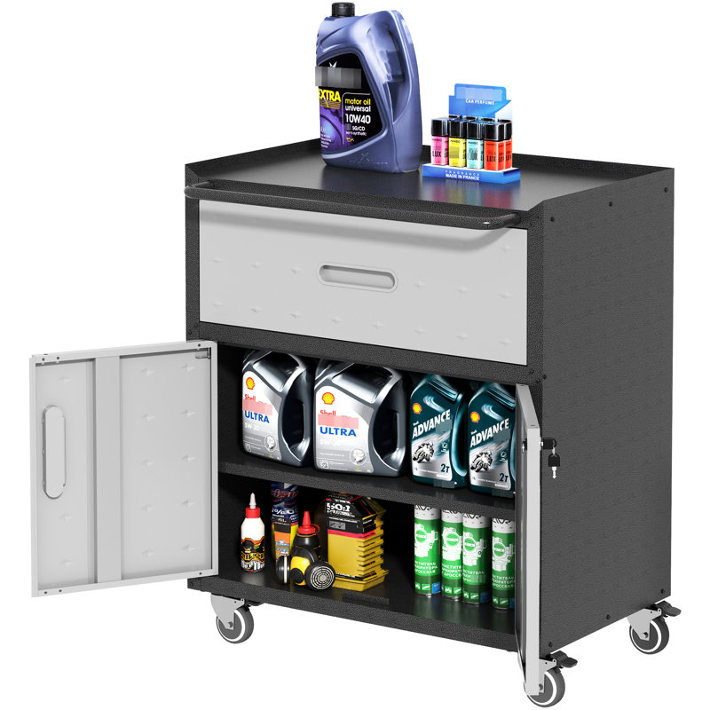Armoire à outils en métal pour le garage avec porte verrouillable et roulettes - l 29,16 po x P 16,27 po, H 34,02 po, 1 tiroir, tiroir de rangement noir et gris, H 34,02 po, P 16,27 po, 2 portes
