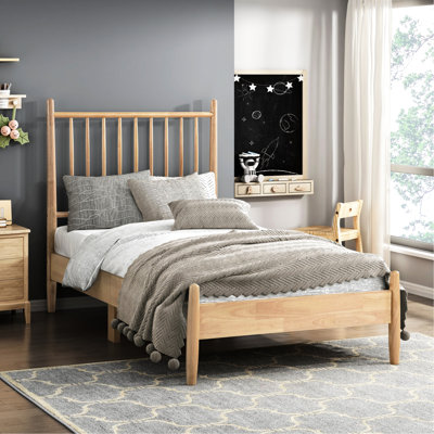 Lit plateforme moderne de style Mid-Century avec tête de lit à lattes verticales, finition naturelle et tous les éléments intégrés, pièces nécessaires pour une boîte