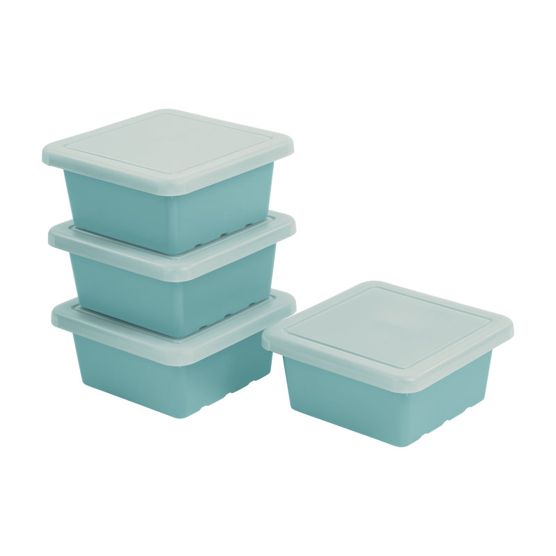 ECR4Kids Stackable Square Bins with Non-Snap Lids, Multipurpose Organization, 4-Pack, Seafoam