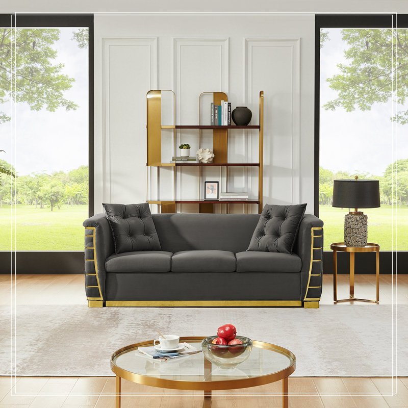 Fauteuil Brucker capitonné en velours avec coussins et pieds en métal, Grey