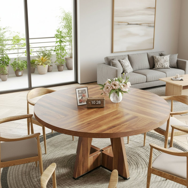 Brown Round Dining Table For 4-6 People With A Wooden Base, Suitable For Dining, Cooking, And Living (Table Only)., Brown