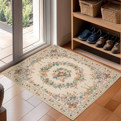 4x6 ft Butterfly Rug for Living Room, Low Pile Throw Rugs with Rubber Backing Washable Non Slip Modern Large Area Rug for Bedroom Dining Room, Light Yellow