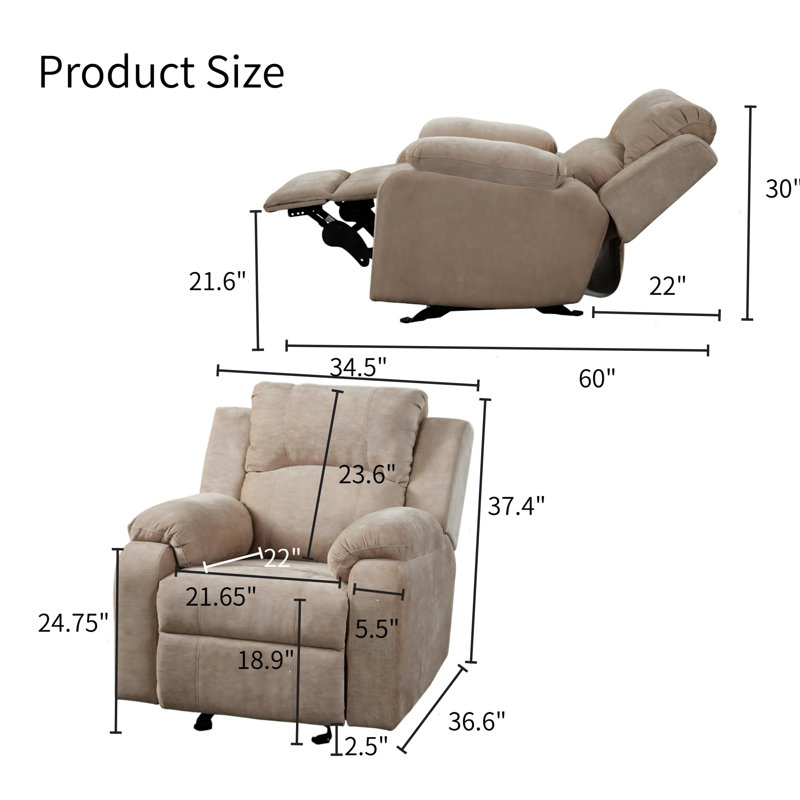 Fauteuil inclinable à réglage manuel, fauteuil lounge rembourré en chenille avec dossier à 3 positions, Chenille avoine