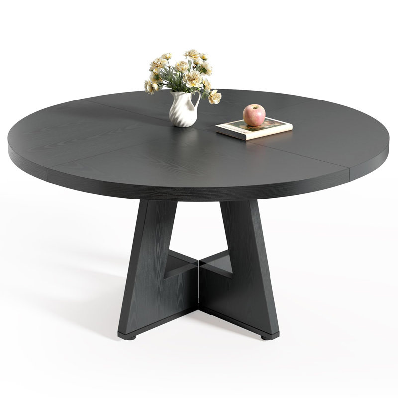 47" Black Round Dining Table for 4-6 with Wooden Pedestal Base - Table Only, Black
