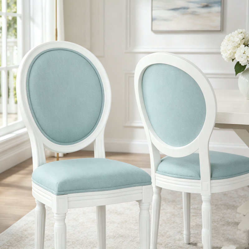Ensemble de 2 chaises de salle à manger style campagne française avec finition patinée, Tissu bleu clair