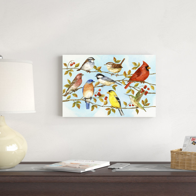 «Birds and Berries V» par Jane Maday - peinture sur toile tendue, H 12 po x l 18 po x P 1,25 po