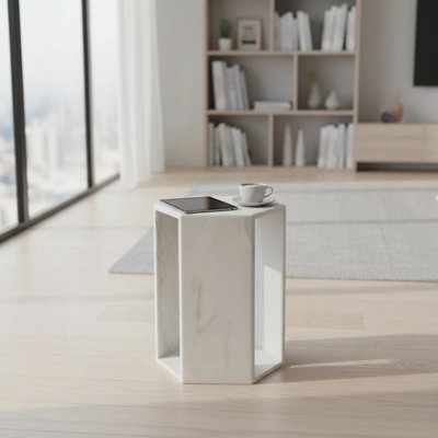 Table d'appoint hexagonale en marbre blanc naturel – Pied en pierre fini mat adouci – Table basse moderne et minimaliste pour salon et chambre