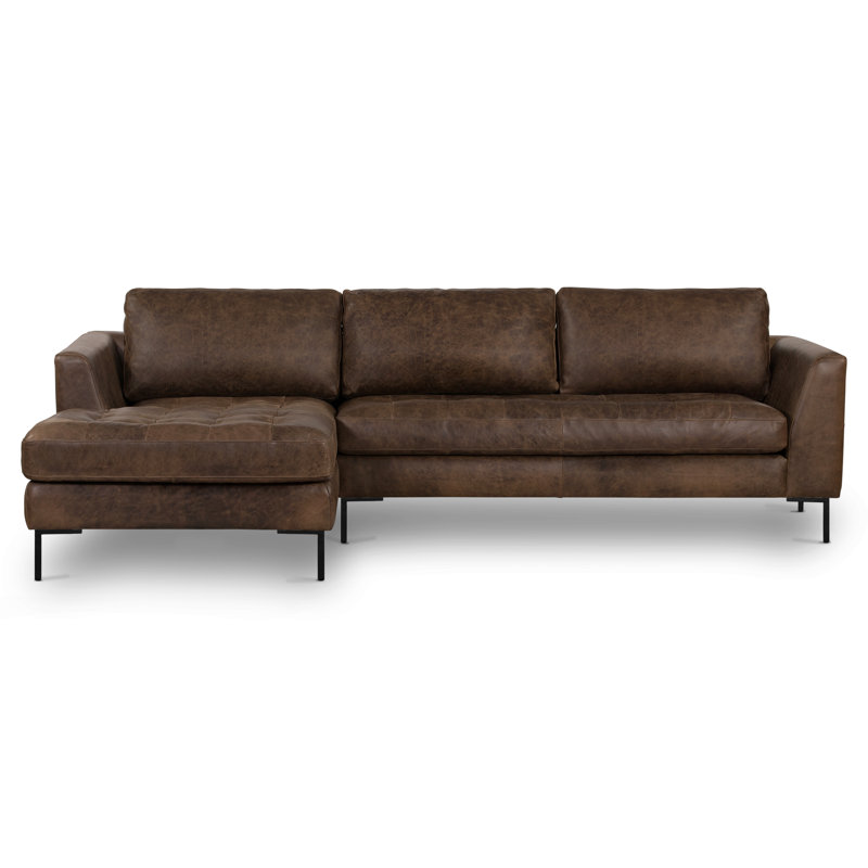  Full-Grain Genuine Italian Leather Sectional Sofa, Black, Right Hand Facing, Brown Stone Full Grain Leather