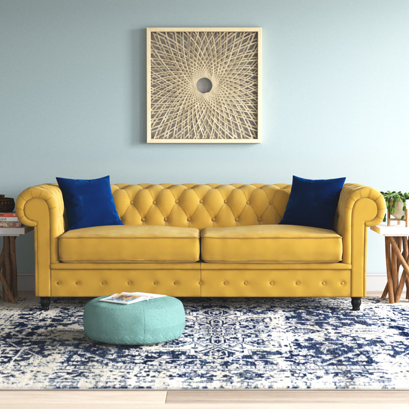 Frances 3 Seater Chesterfield Sofa Velvet, Mustard, 74cm H x 194cm W x 90cm D