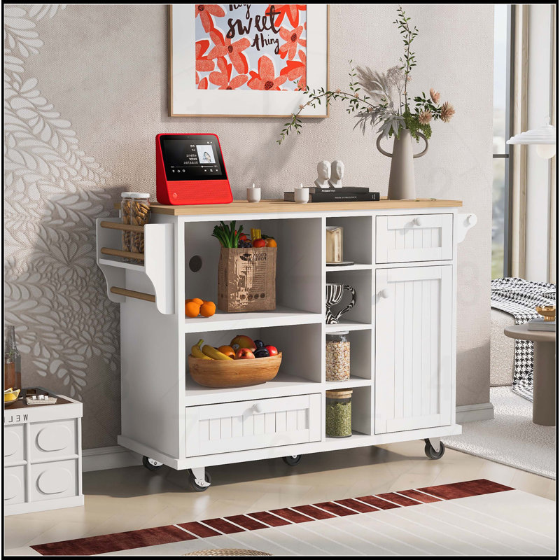 Chariot pour îlot de cuisine polyvalent avec construction robuste et multiples options de rangement, Blanc