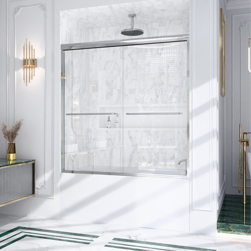 56"-60"W*60" H Semi-Frameless Double Sliding Shower Door, Bypass Shower Door, 1/4" (6Mm) Thick SGCC Tempered Glass Door, Brushed Nickel
