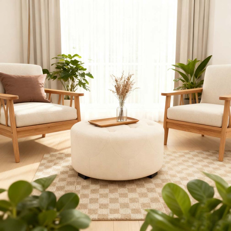 Upholstered Button Tufted Round Ottoman