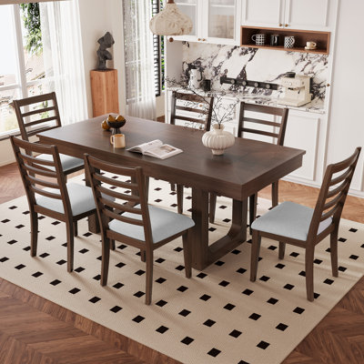 7-Piece Extendable Dining Table Set, Farmhouse Extendable Table with 18" Move Leaf, 78" Rustic Wooden Kitchen Table and 6 piece Upholstered Chairs, Ex