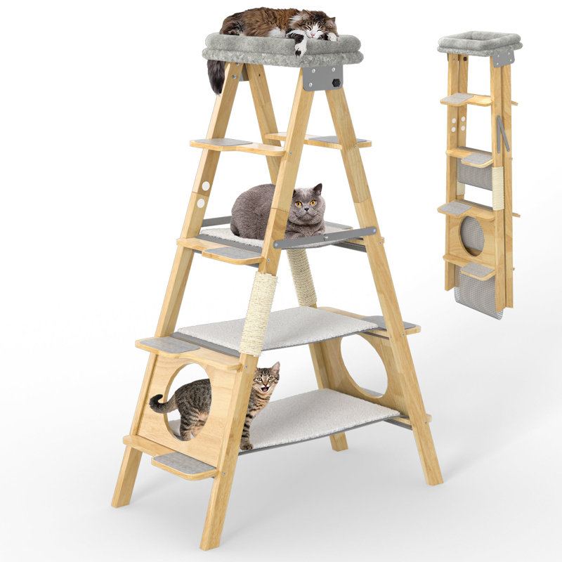 Arbre à chat moderne en bois pliable avec échelle et hamac pour chat, haute tour en bois massif de 60 po de hauteur