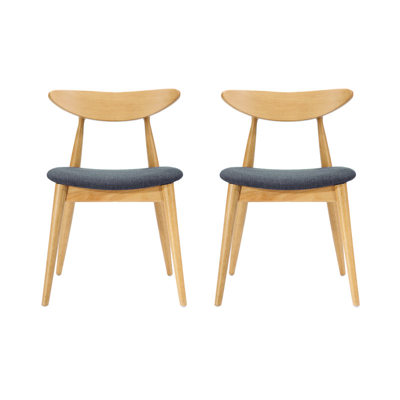 Two Retro Rubberwood Dining Chairs With Curved Ergonomic Back, High - Density Foam Seats, Build Natural + Grey 2 Piece Chairs, Comfortable Support, Solid Frame, Soft Seating For