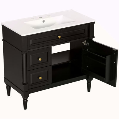 Meuble-lavabo de 36 po avec lavabo, armoire de salle de bain autoportante avec lavabo en céramique, tiroir rabattable, tablette réglable, structure en bois d'hévéa et panneaux de fibres à densité moyenne, finition peinte à poignées en métal