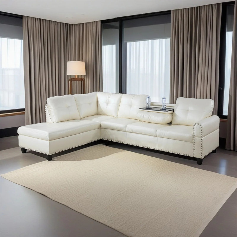 Canapé modulaire en cuir végétalien de 97 po avec table rabattable et porte-gobelets Naranja, Face à la gauche