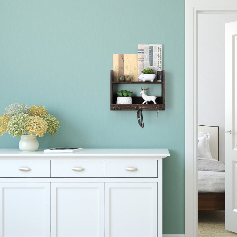 Aleanna Floating Shelf with Hooks, Brown