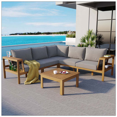 Ensemble 4 pièces de canapé de patio en L en bois d'acacia avec accoudoirs ajourés