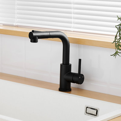 Robinet de lavabo de salle de bain noir à poignée simple avec douchette escamotable - Acier inoxydable, contemporain pour salle de bain et jet de cuisine rotatif à 360 °, remplisseur en céramique, éviers modernes