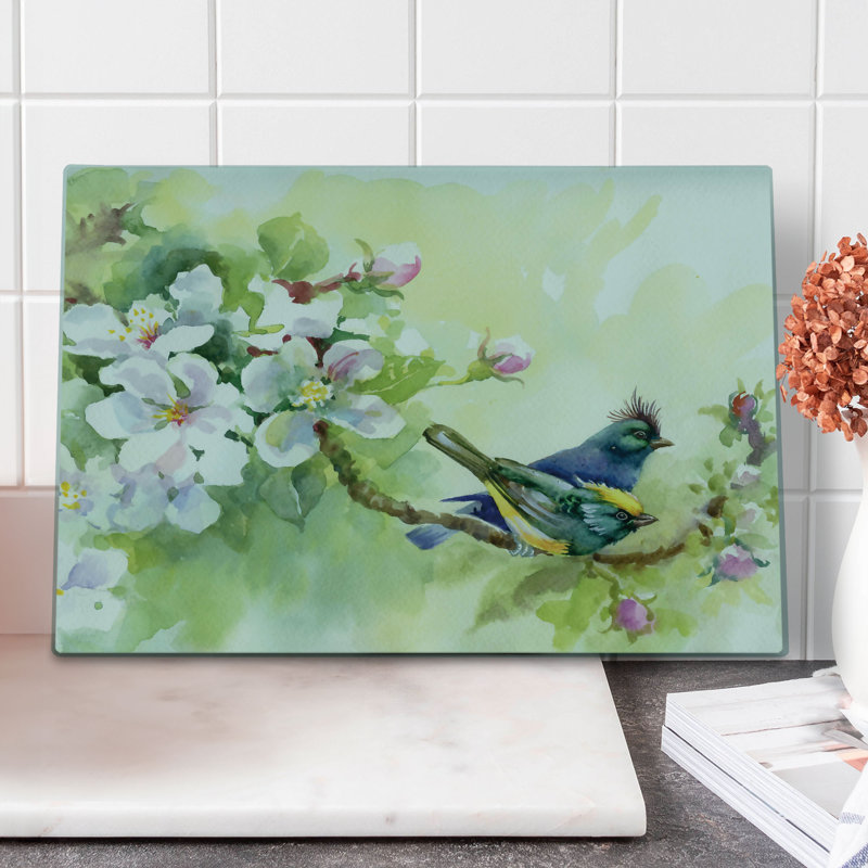 Planche à découper Ambesonne fleurs grande taille aquarelle oiseaux printemps vert réséda et jaune