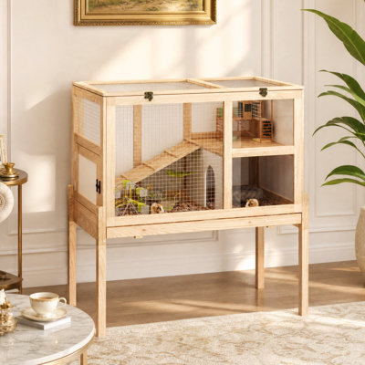 34.9" W 2-Level Multi-Chamber Small Animal Habitat with Tempered Glass Door, Mesh Roof & Pull-Out Tray