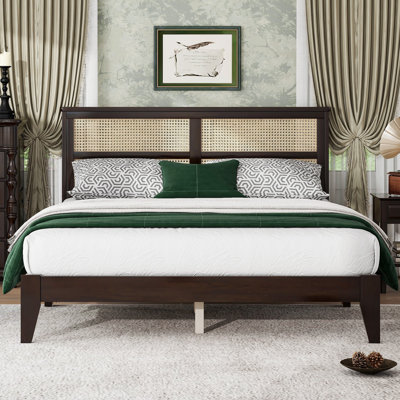Queen Size Solid Rubberwood Bed with PE Rattan Headboard & Reinforced Support Feet – Wooden Platform Bed,