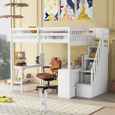 Ennie Full Loft Bed with Built-in Desk and Bookcase