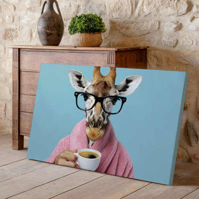 Canvas A Whimsical Scene Featuring A Giraffe With Large Round Glasses Wall Art Holding A Steaming Cup Of Coffee Set Against A Soft Canvas Wall Art