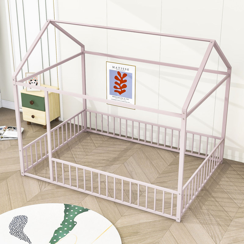Lit plateforme double en métal avec toit amovible, Rose