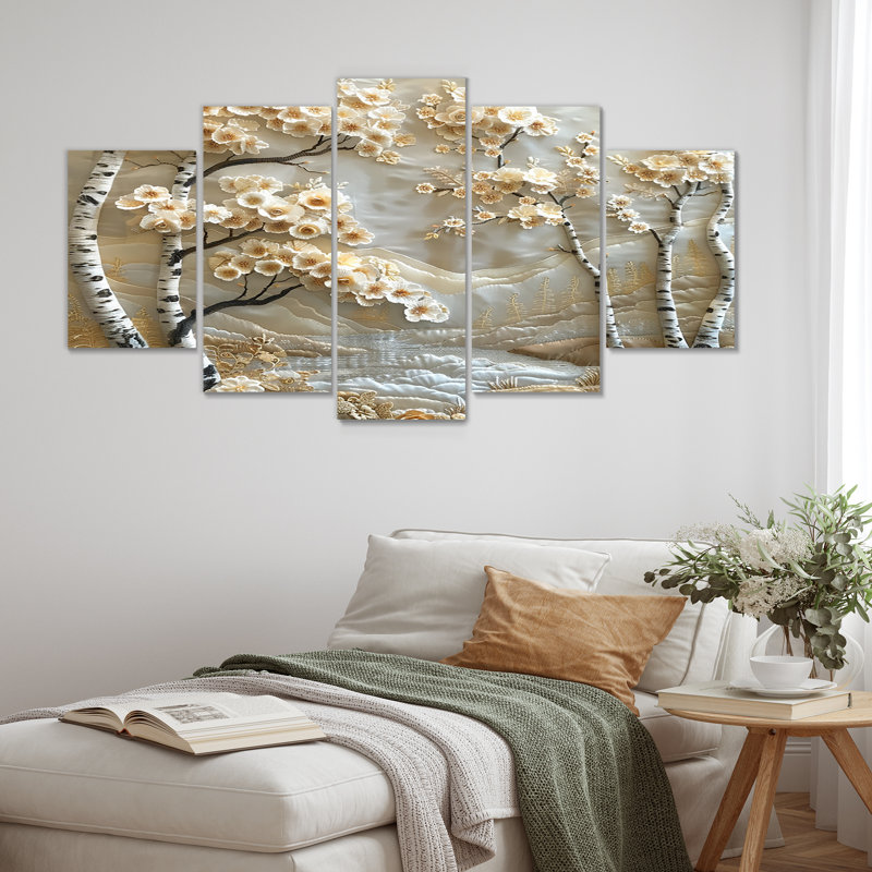 «Blossoming Birch Trees Quiet Silver River - Tree Birch», art mural sur toile 5 pièces, H 32 po x l 60 po
