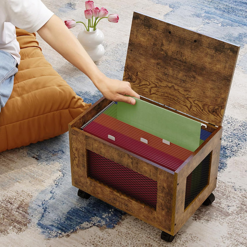Rolling File Cabinet Cart, Hanging File Organizer Box With Lid For Home Office, Small Filing Cabinet On Wheels Under Desk, Mobile Decorative Document Storage Basket
